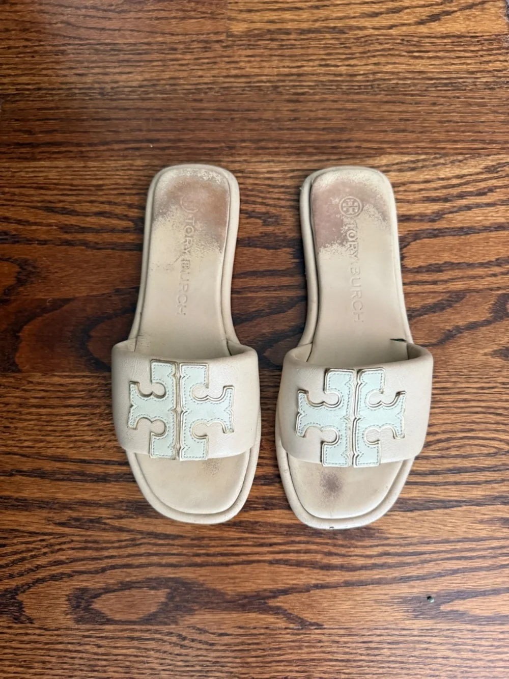 Tory Burch Double-T Monogrammed Padded Leather Slide Sandals